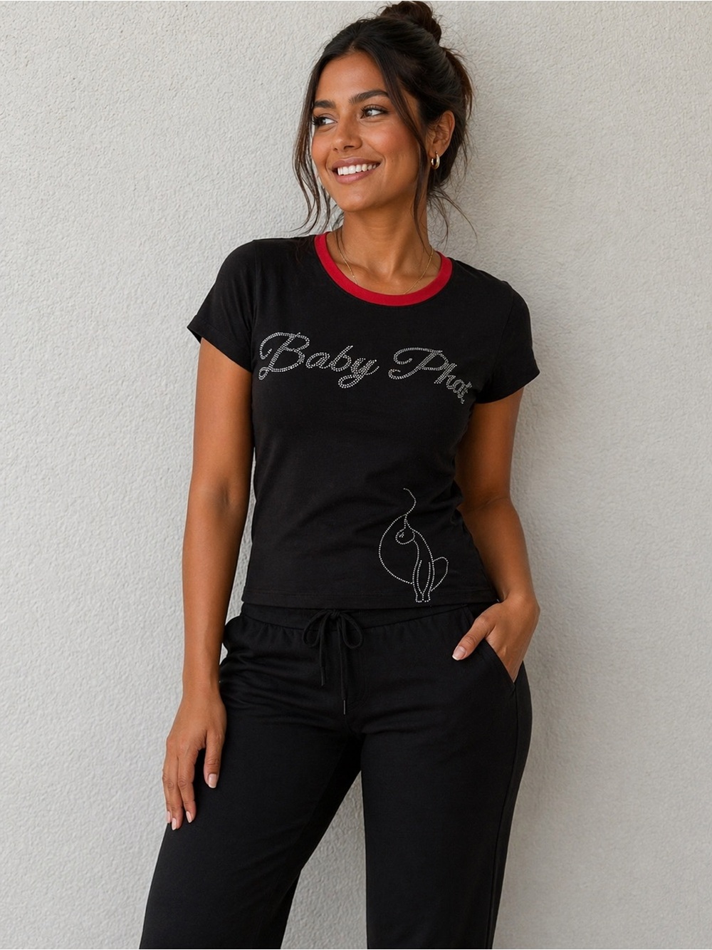 Baby Phat Black Tee with Red Trim and Rhinestone Accent